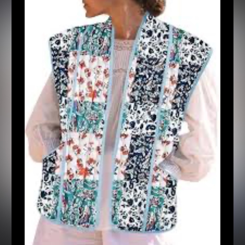 Quilted Floral Patchwork Vest in Teal & Navy